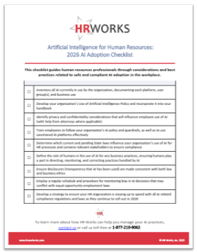 A checklist for HR professionals on AI adoption, outlining considerations and best practices for safe implementation in the workplace.